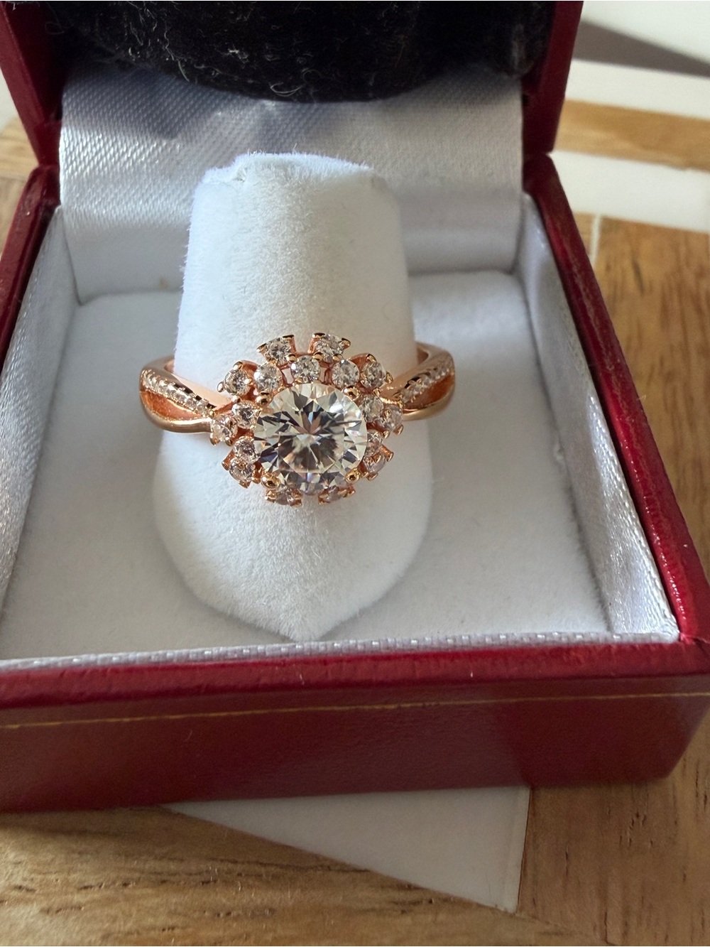 Moissanite Rose Gold Halo Engagement Ring with Clear Center Stone